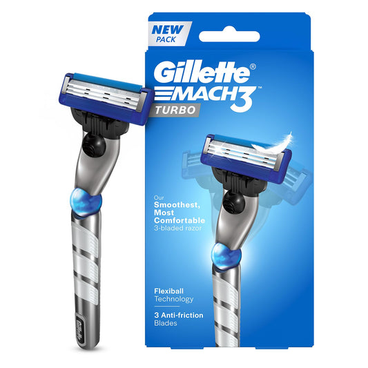 Gillette Mach 3 Turbo Shaving Razor for Men | Most Comfortable shave | Flexiball & Dynamic Pivot for Safe shave | Anti-Friction Blades & Lubricating Strip for smooth shave and sensitive skin
